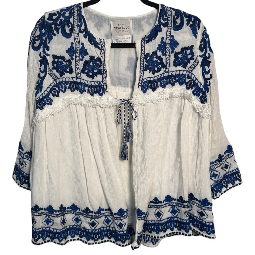 Zara Blue and Cream Boho Embroidered Blouse Jacket Size Small - Picture 3 of 15